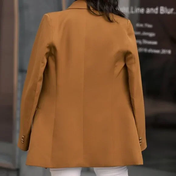 Khaki Elegant Women's Double Breasted Flap Detail Blazer Workwear - Picture 2 of 6